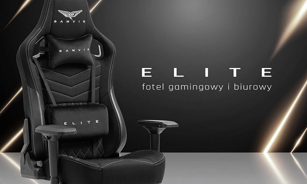 Czarny fotel gamingowy z białymi elementami, z logo \'GAMVIS\' na zagłówku i poduszką lędźwiową z napisem \'ELITE\'. Obok fotela widoczny jest napis \'ELITE fotel gamingowy i biurowy\'.