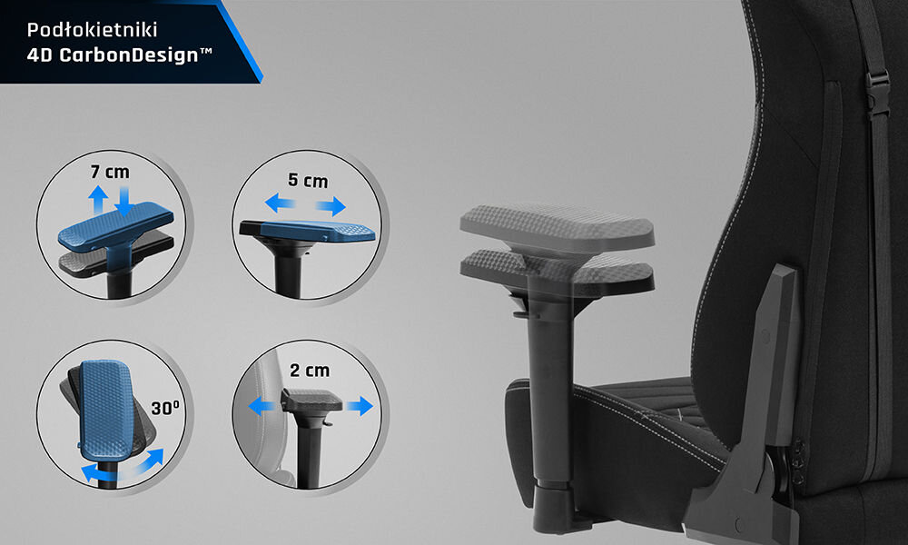 Obraz przedstawia fotel gamingowy z podłokietnikami 4D CarbonDesign™. Widoczne są różne możliwości regulacji podłokietników: 7 cm w górę, 5 cm w bok, 30° nachylenia oraz 2 cm w przód.