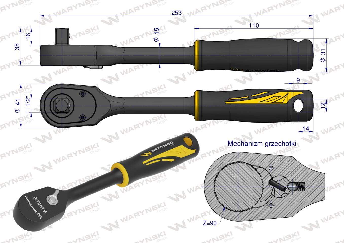Obraz przedstawia rysunek techniczny grzechotki z wymiarami i przekrojem mechanizmu. Widoczne są napisy: \'WARYŃSKI\', \'Mechanizm grzechotki\', \'Z=90\'.