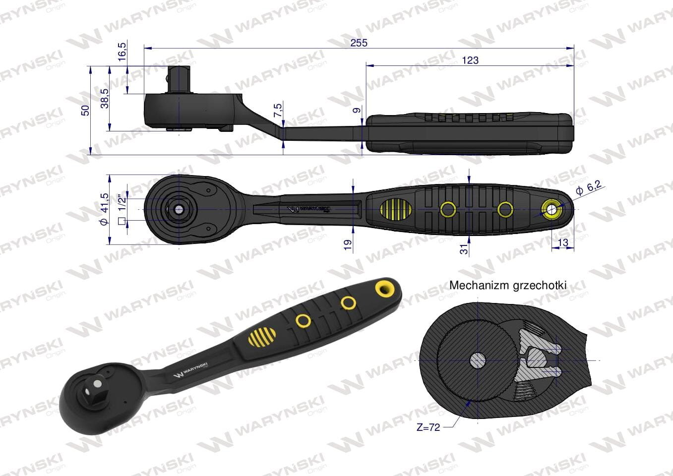 Obraz przedstawia techniczny rysunek grzechotki z wymiarami i szczegółami konstrukcyjnymi. Widoczne są napisy: \'Mechanizm grzechotki\', \'Z-72\' oraz logo \'WARYŃSKI\'.