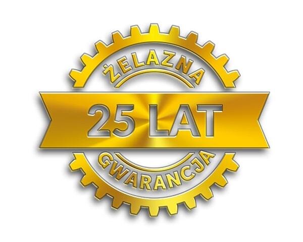 Złoty emblemat w kształcie koła z zębami, z napisem \'ŻELAZNA GWARANCJA\' oraz \'25 LAT\' na środku.
