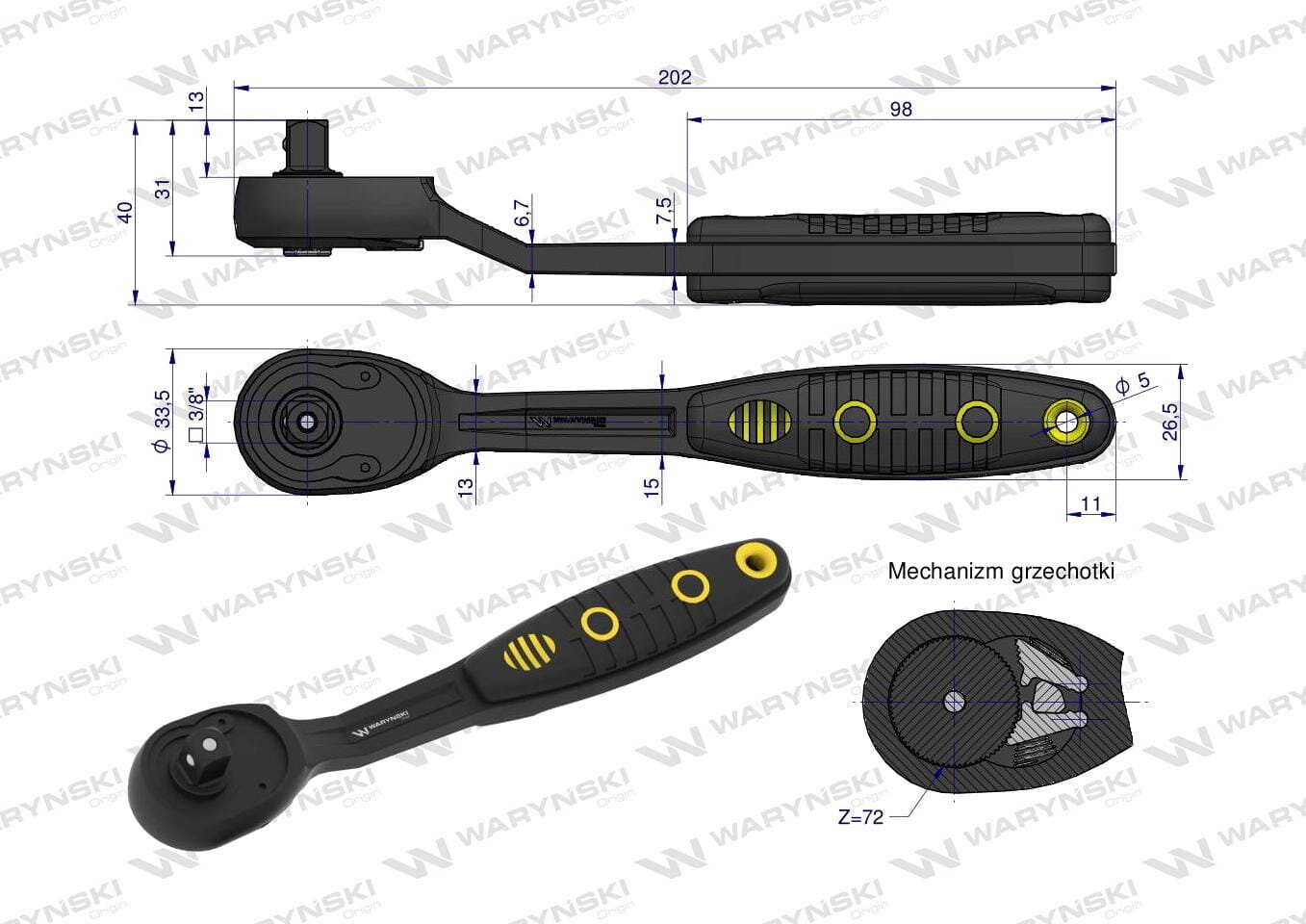 Obraz przedstawia techniczny rysunek grzechotki z wymiarami, oznaczeniami i logo \'WARYŃSKI\'. Widoczny jest również schemat mechanizmu grzechotki z oznaczeniem \'Z=72\'.