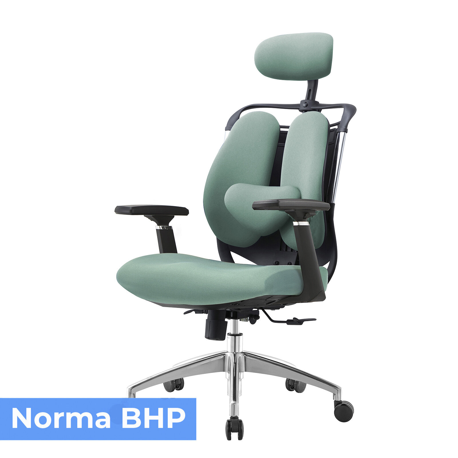 Ergonomiczny fotel biurowy obrotowy w kolorze zielonym z regulowanym zagłówkiem i podłokietnikami. Na obrazie widoczny jest napis \'Norma BHP\'.