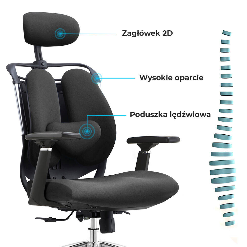 Obraz przedstawia czarny fotel biurowy z zagłówkiem 2D, wysokim oparciem i poduszką lędźwiową. Obok fotela znajdują się opisy tych elementów.