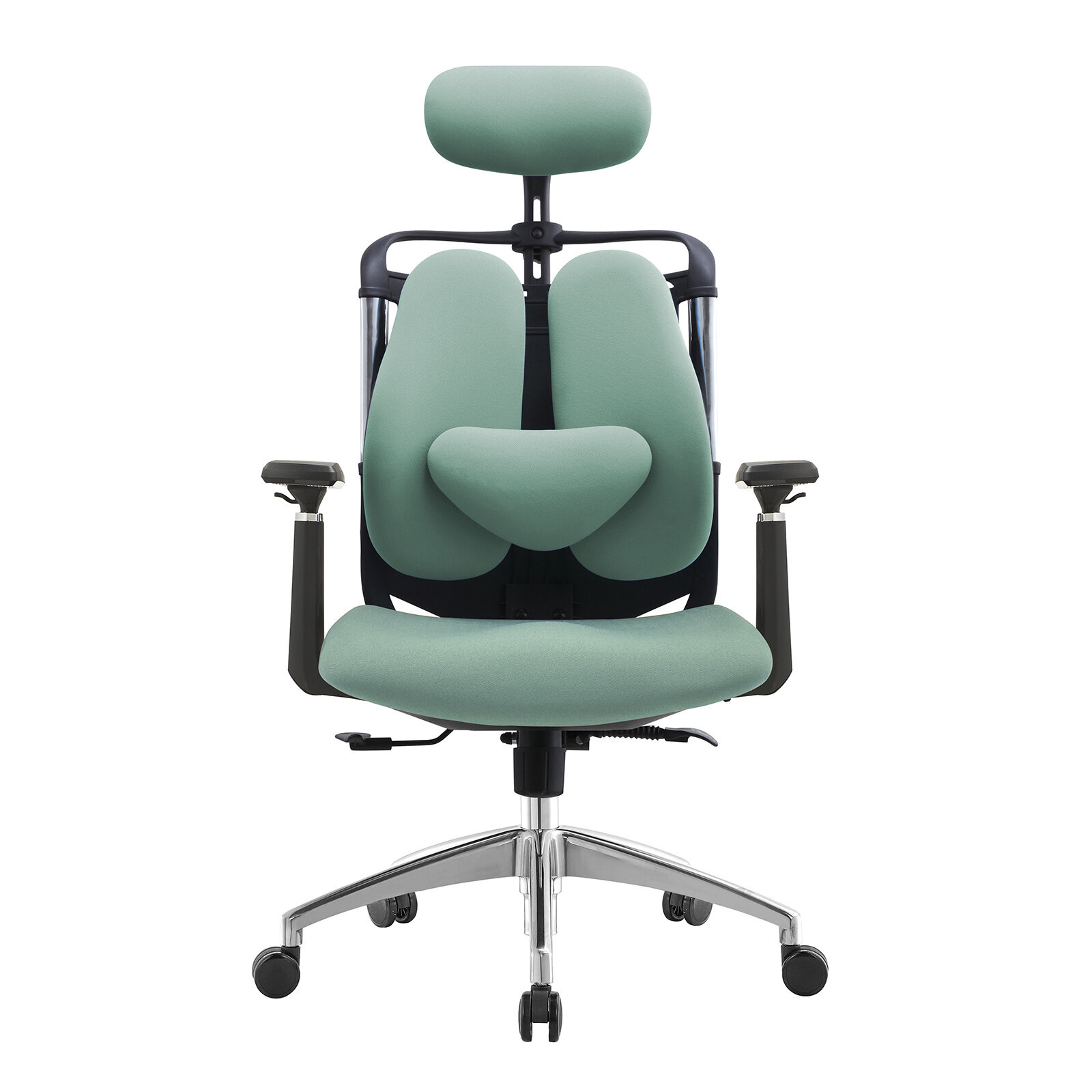 Ergonomiczny fotel biurowy w kolorze zielonym z regulowanym zagłówkiem i podłokietnikami. Posiada metalową podstawę z kółkami.