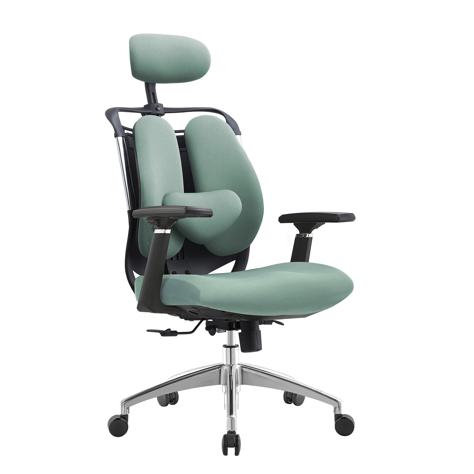 Ergonomiczny fotel biurowy obrotowy w kolorze zielonym z regulowanym zagłówkiem i podłokietnikami. Posiada chromowaną podstawę z kółkami.