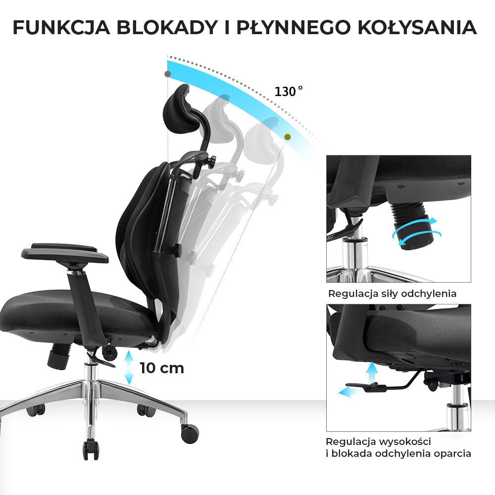 Obraz przedstawia czarny fotel biurowy z funkcją blokady i płynnego kołysania, z możliwością regulacji siły odchylenia oraz wysokości i blokady odchylenia oparcia. Widoczny jest zakres odchylenia oparcia do 130 stopni oraz regulacja wysokości o 10 cm.