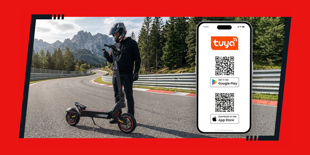 Osoba w kasku stoi obok hulajnogi elektrycznej na torze wyścigowym. Obok widoczny jest telefon z logo \'tuya\' oraz kodami QR i przyciskami \'Get it on Google Play\' i \'Download on the App Store\'.