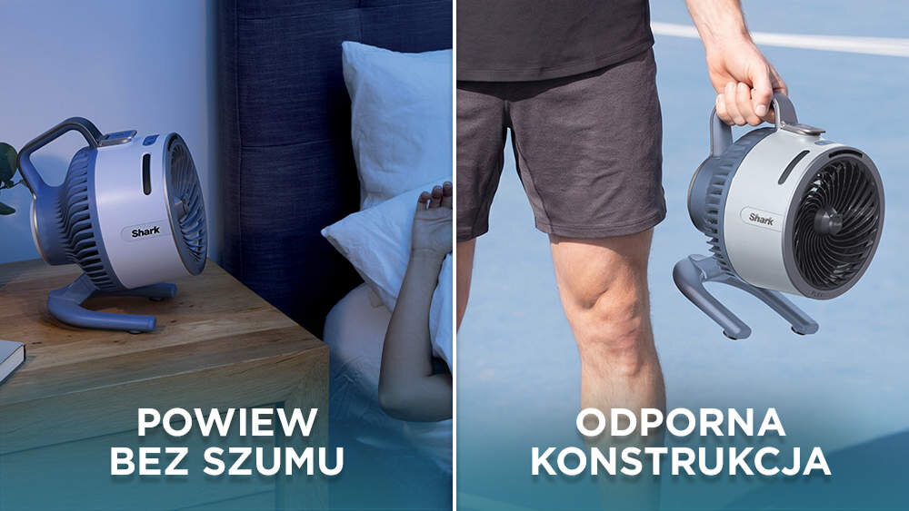 Obraz przedstawia wentylator marki Shark umieszczony na stoliku nocnym obok śpiącej osoby oraz trzymany w ręce przez osobę na zewnątrz. Widoczne napisy to \'POWIEW BEZ SZUMU\' i \'ODPORNA KONSTRUKCJA\'.
