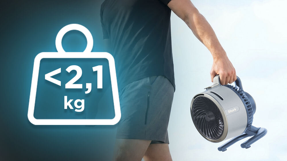 Osoba trzyma przenośny wentylator z widocznym logo \'Shark\'. Obok znajduje się symbol wagi z napisem \'<2,1 kg\'.