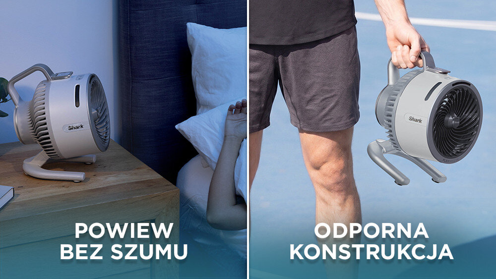 Obraz przedstawia dwa ujęcia wentylatora marki Shark. Na pierwszym ujęciu wentylator stoi na stoliku nocnym obok osoby w łóżku z tekstem \'POWIEW BEZ SZUMU\', a na drugim osoba trzyma wentylator z tekstem \'ODPORNA KONSTRUKCJA\'.