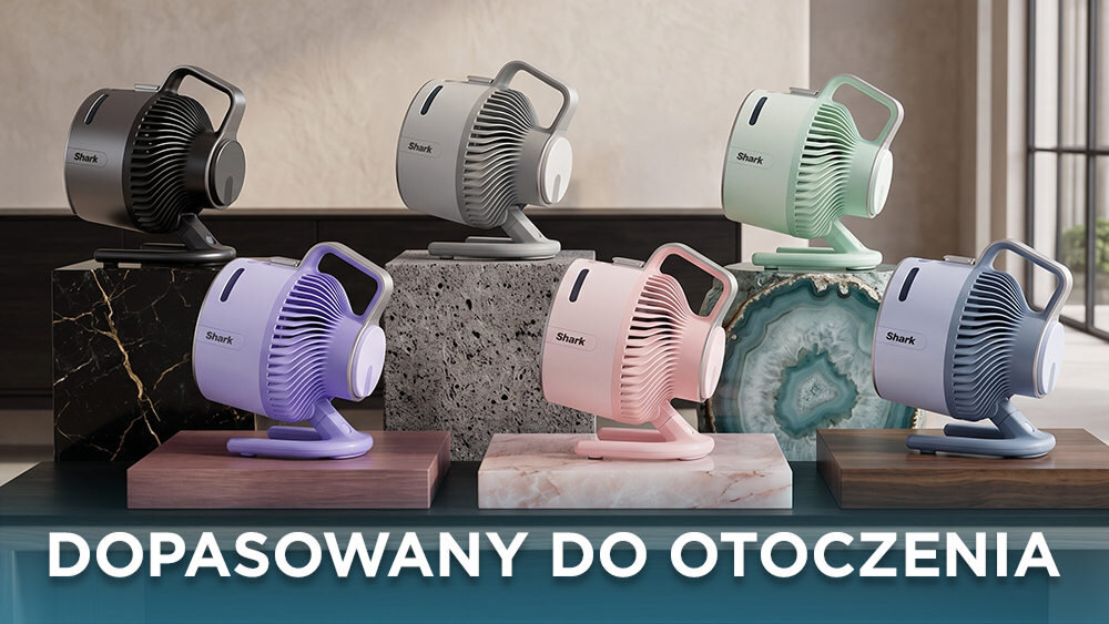 Na obrazie znajduje się sześć wentylatorów w różnych kolorach, ustawionych na różnych powierzchniach. Na dole widoczny jest napis: \'DOPASOWANY DO OTOCZENIA\'.