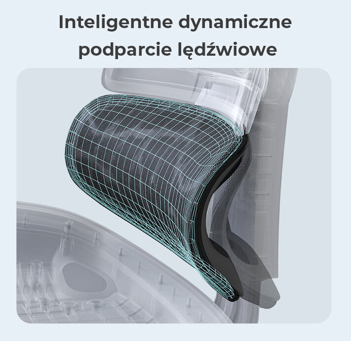 Obraz przedstawia inteligentne dynamiczne podparcie lędźwiowe z siatką na czarnym tle. Widoczny jest tekst: \'Inteligentne dynamiczne podparcie lędźwiowe\'.