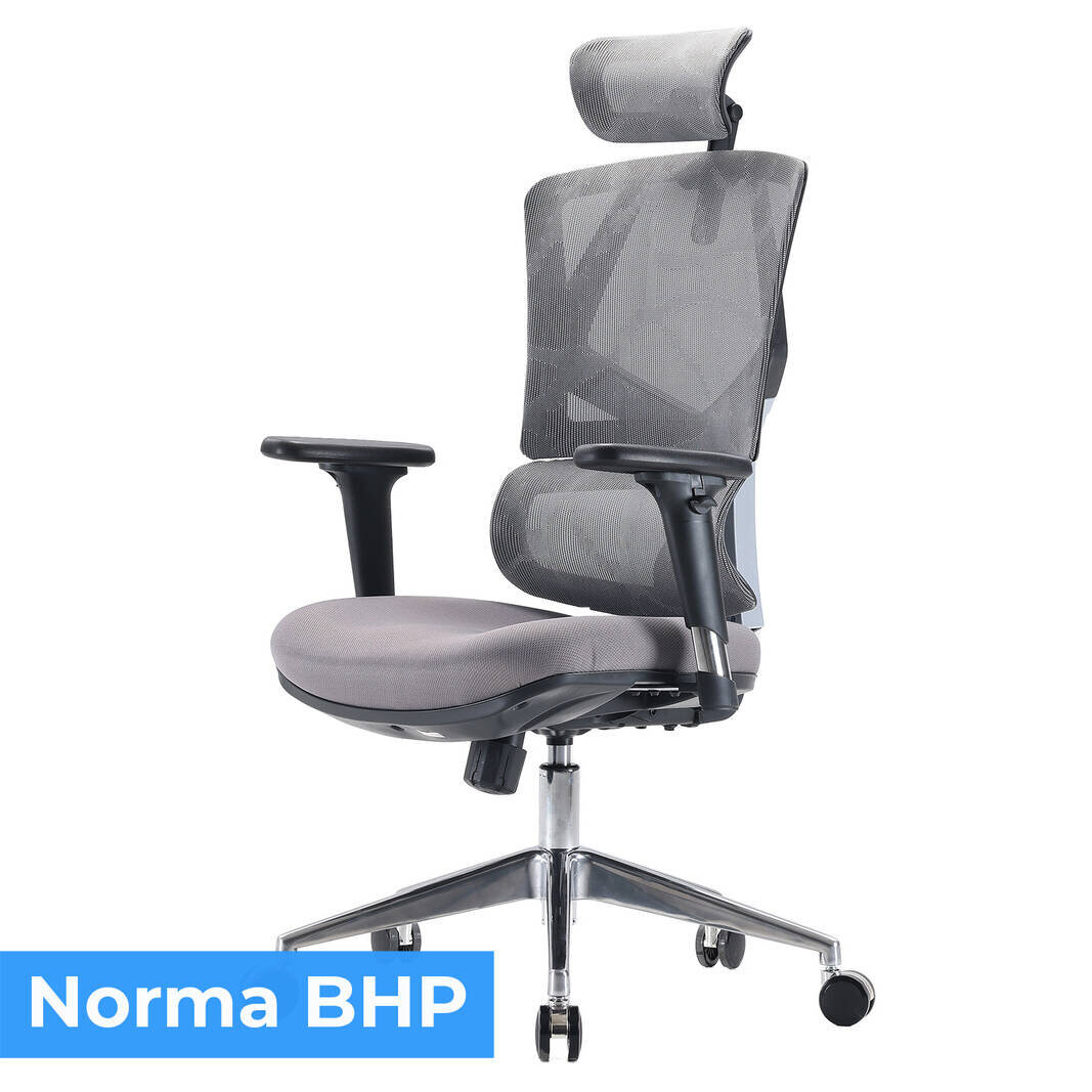 Ergonomiczny fotel biurowy obrotowy z szarym siedziskiem i oparciem z siatki, wyposażony w regulowane podłokietniki i zagłówek. Na dole obrazu widoczny jest niebieski prostokąt z białym napisem \'Norma BHP\'.