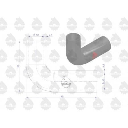 Obraz przedstawia schemat techniczny przewodu chłodnicy z wymiarami oraz zdjęcie przewodu w kolorze szarym z czerwonym logo. Wymiary to 145 mm długości i 105 mm wysokości, z oznaczeniami średnicy 32 mm i 4,5 mm.