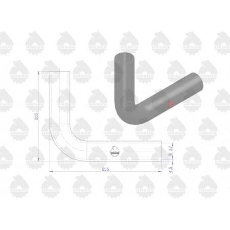 Obraz przedstawia dwa przewody chłodnicy w kształcie litery \'L\', jeden w formie rysunku technicznego z wymiarami 255 mm i 250 mm, a drugi jako realistyczny model 3D. Tło zawiera powtarzający się wzór z logo Ursus.