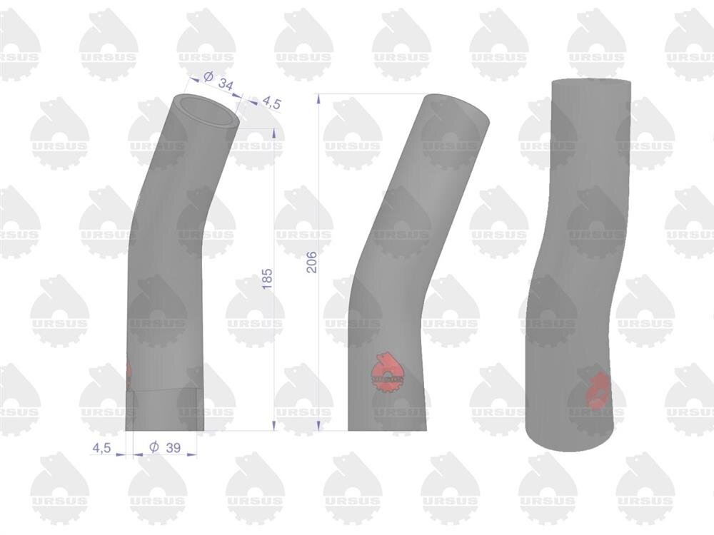 Obraz przedstawia trzy szare przewody chłodnicy z oznaczeniami wymiarów: średnica 34 mm, długość 185 mm i 206 mm, oraz średnica 39 mm. Na przewodach widoczne jest logo Ursus.