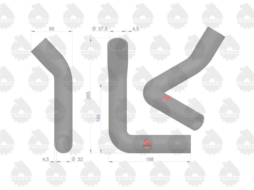 Obraz przedstawia trzy przewody chłodnicy z wymiarami: 95 mm, 265 mm, 188 mm. Widoczne są oznaczenia \'URSUS\' w tle oraz logo producenta na przewodach.