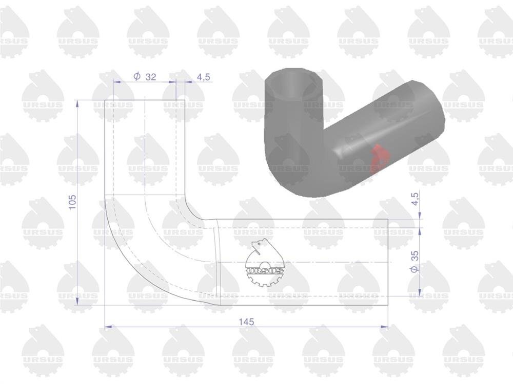 Obraz przedstawia schemat techniczny przewodu chłodnicy z wymiarami: 105 mm i 145 mm oraz średnicami 32 mm i 35 mm. Obok znajduje się wizualizacja przewodu w kolorze ciemnoszarym z logo Ursus.