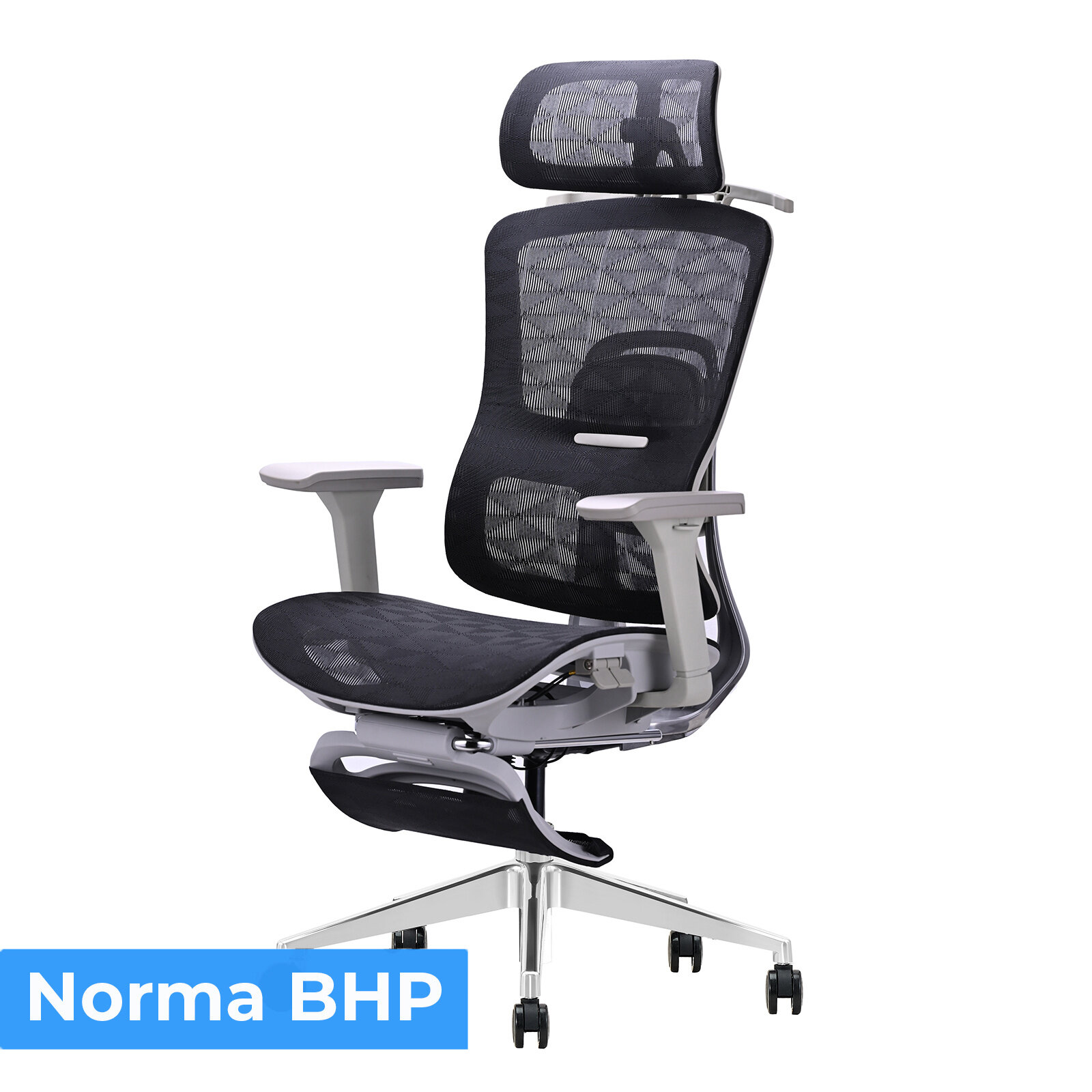 Ergonomiczny fotel biurowy obrotowy w kolorze czarno-szarym z siatkowym oparciem i zagłówkiem. Na obrazie widoczny jest napis \'Norma BHP\'.