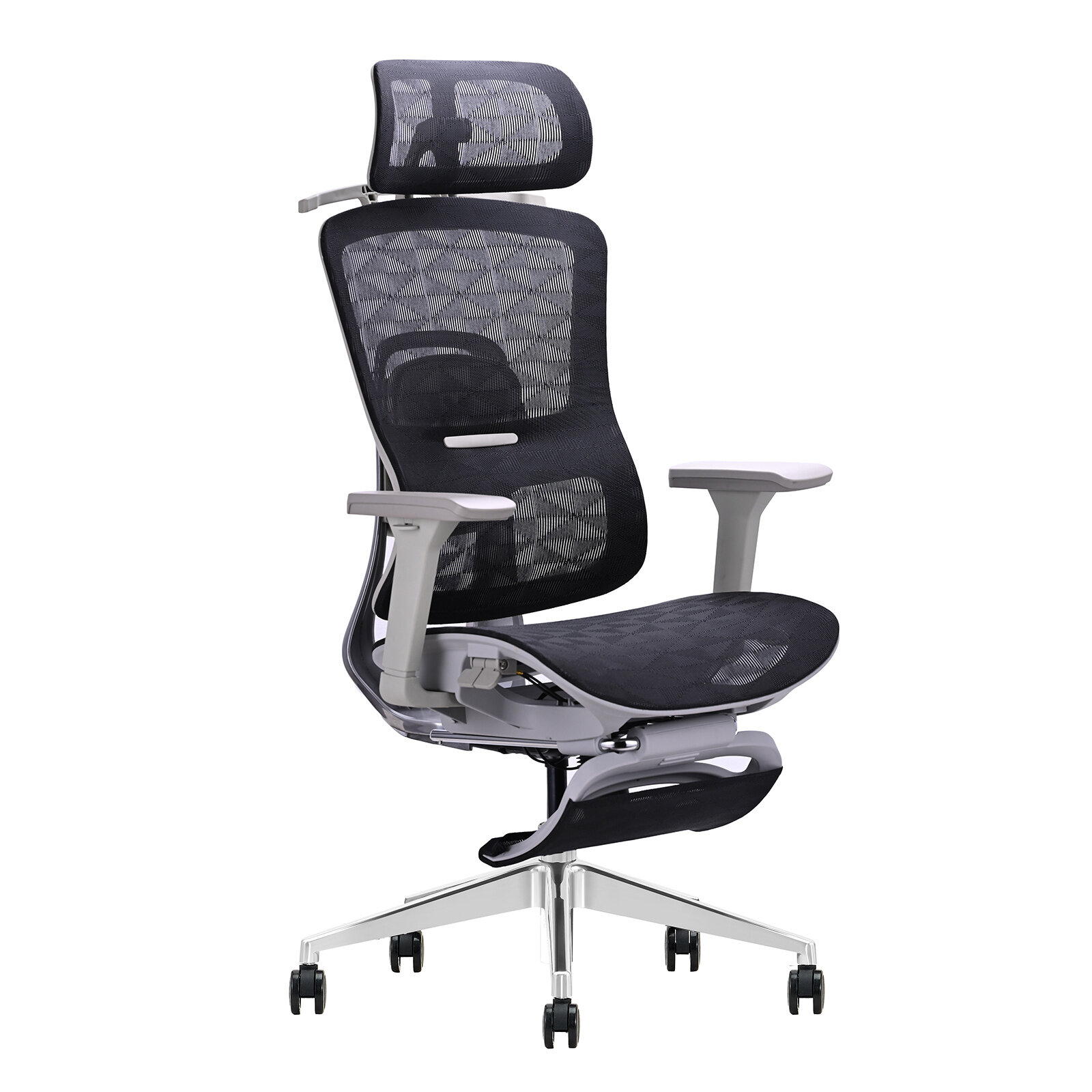 Ergonomiczny fotel biurowy obrotowy z czarno-szarym wykończeniem, posiada siatkowe oparcie i siedzisko oraz regulowany zagłówek. Fotel wyposażony jest w podłokietniki i pięcioramienną podstawę z kółkami.