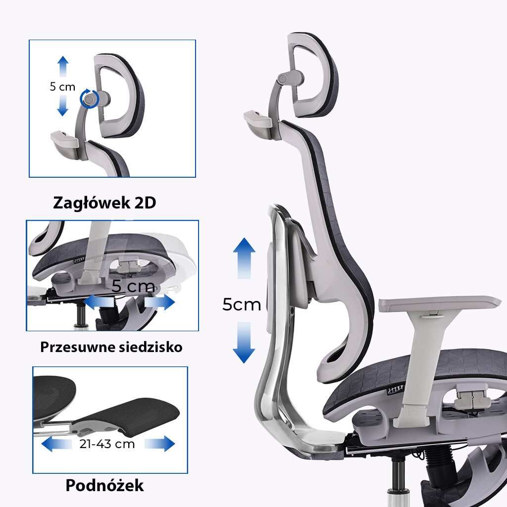 Obraz przedstawia ergonomiczny fotel biurowy z regulowanym zagłówkiem 2D, przesuwanym siedziskiem i podnóżkiem. Widoczne są oznaczenia regulacji: zagłówek 5 cm, siedzisko 5 cm, podnóżek 21-43 cm.