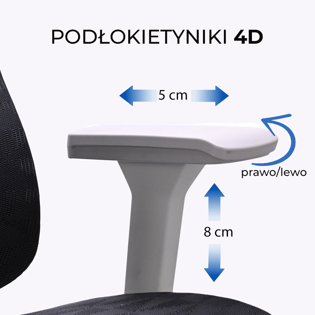 Obraz przedstawia podłokietnik fotela z możliwością regulacji w czterech kierunkach, z oznaczeniami 5 cm i 8 cm. Widoczny jest tekst: \'PODŁOKIETNIKI 4D\' oraz \'prawo/lewo\'.