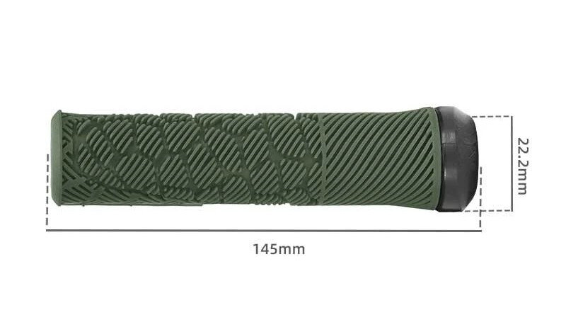 Obraz przedstawia czarny chwyt rowerowy o długości 145 mm i średnicy 22,2 mm z teksturowaną powierzchnią. Widoczne są wymiary produktu na tle białego tła.