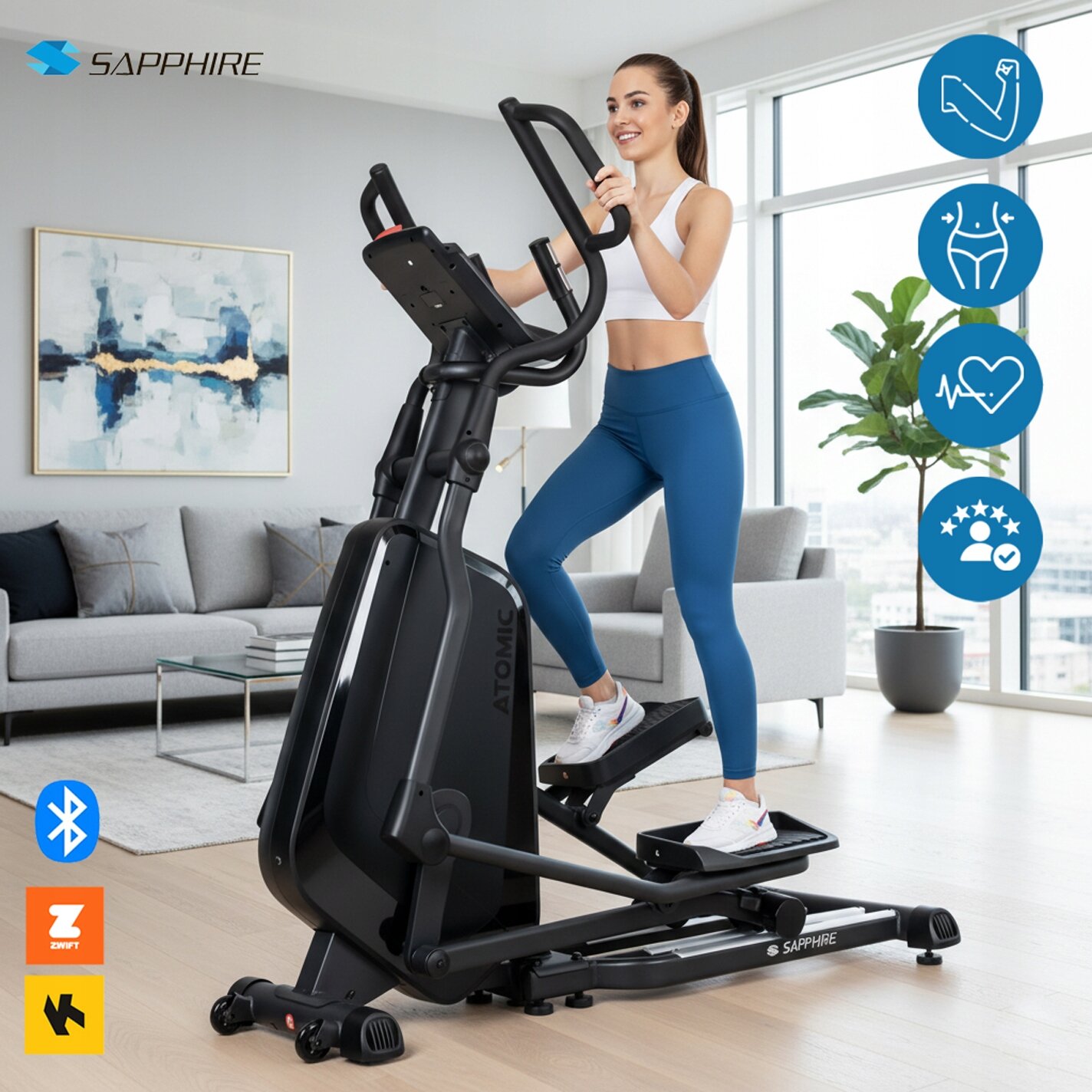 Osoba ćwiczy na czarnym orbitreku marki SAPPHIRE w jasnym salonie. W tle widoczne są ikony symbolizujące funkcje urządzenia, takie jak Bluetooth i aplikacje treningowe.