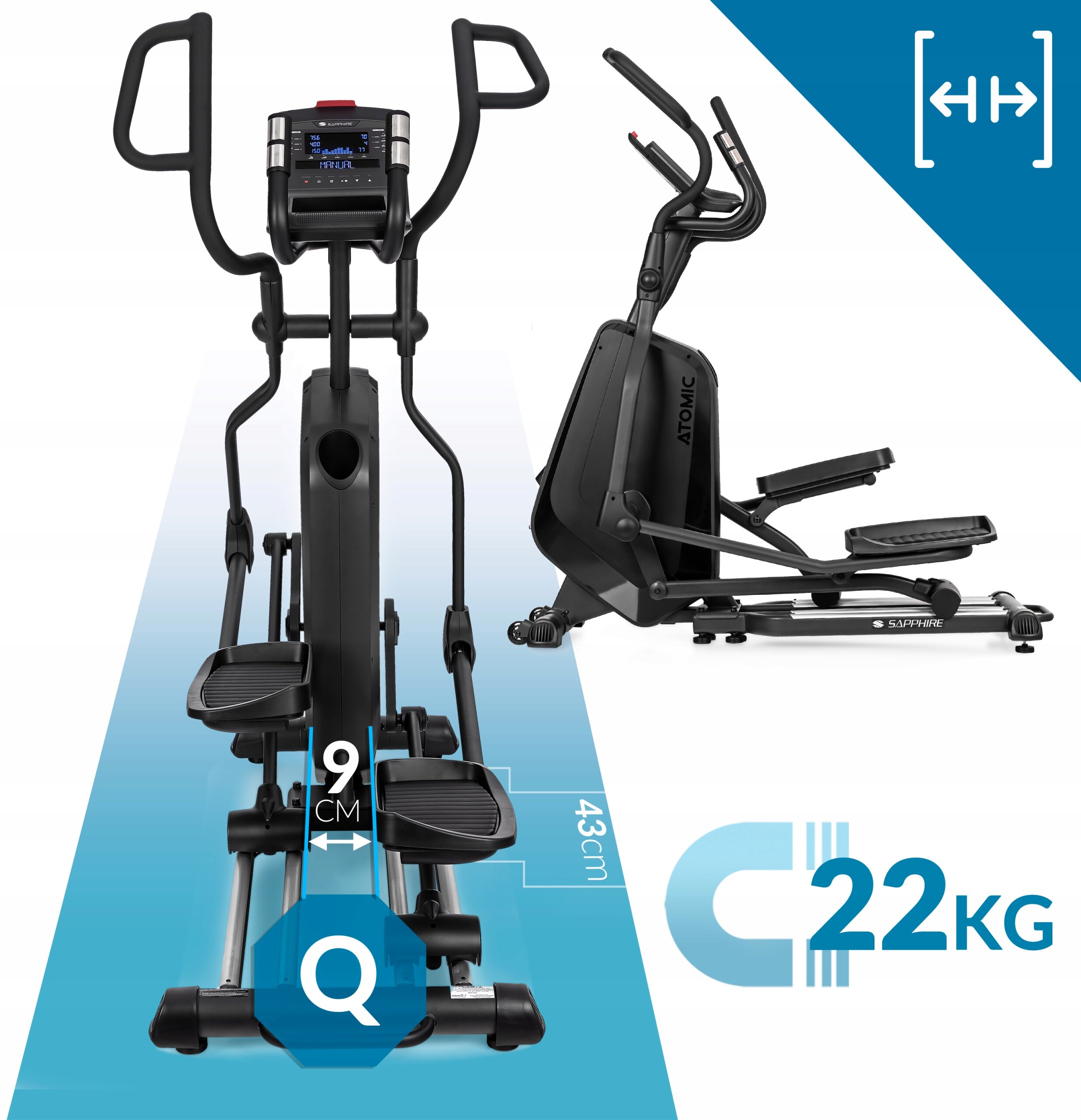 Obraz przedstawia czarny orbitrek trenażer eliptyczny z wyświetlaczem i uchwytami. Widoczne są oznaczenia: \'9 CM\', \'43 CM\', \'Q\', \'C 22 KG\', oraz napis \'ATOMIC\' na boku urządzenia.