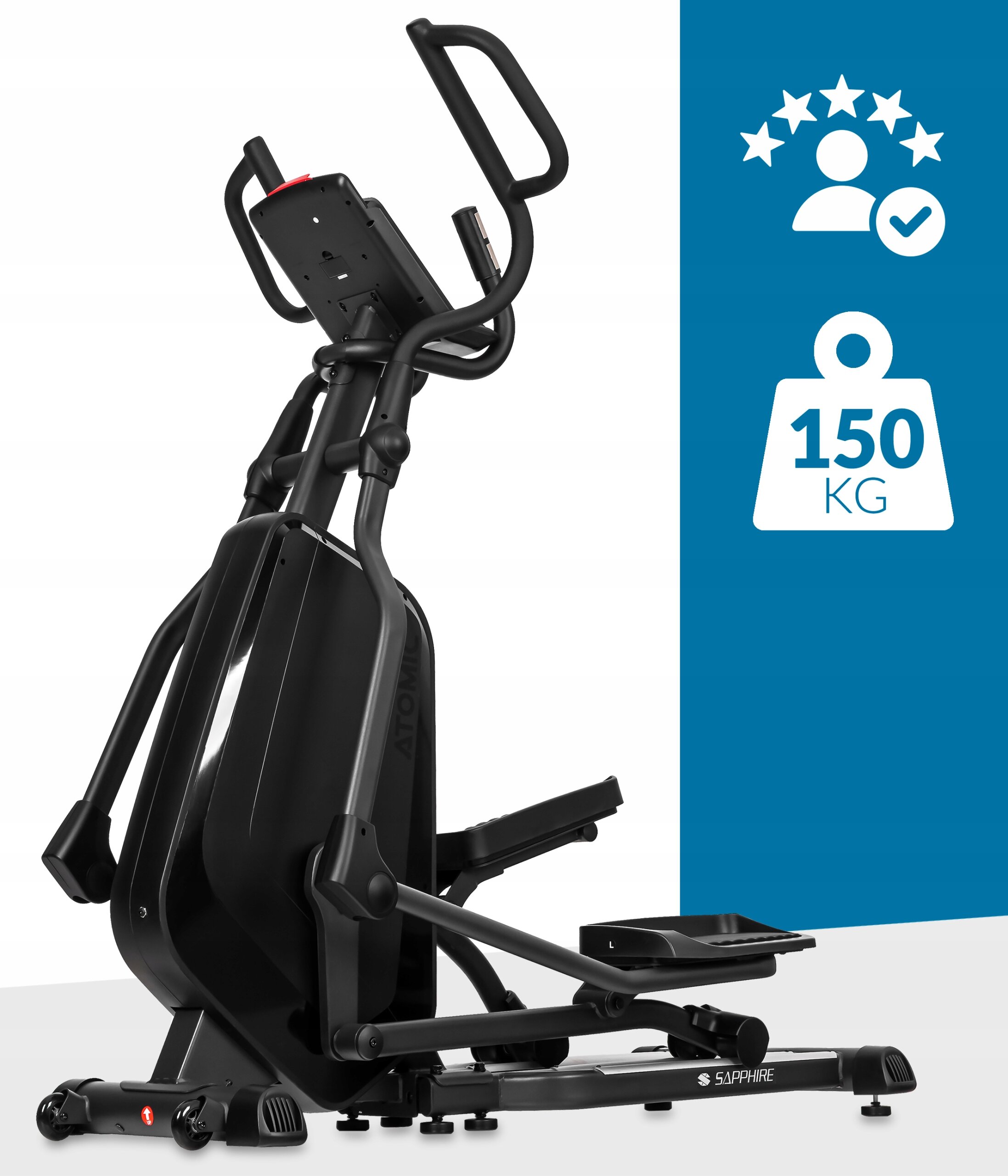 Czarny orbitrek treningowy z logo \'SAPPHIRE\' na podstawie. Obok znajduje się niebieski panel z ikoną osoby, gwiazdkami i tekstem \'150 KG\'.