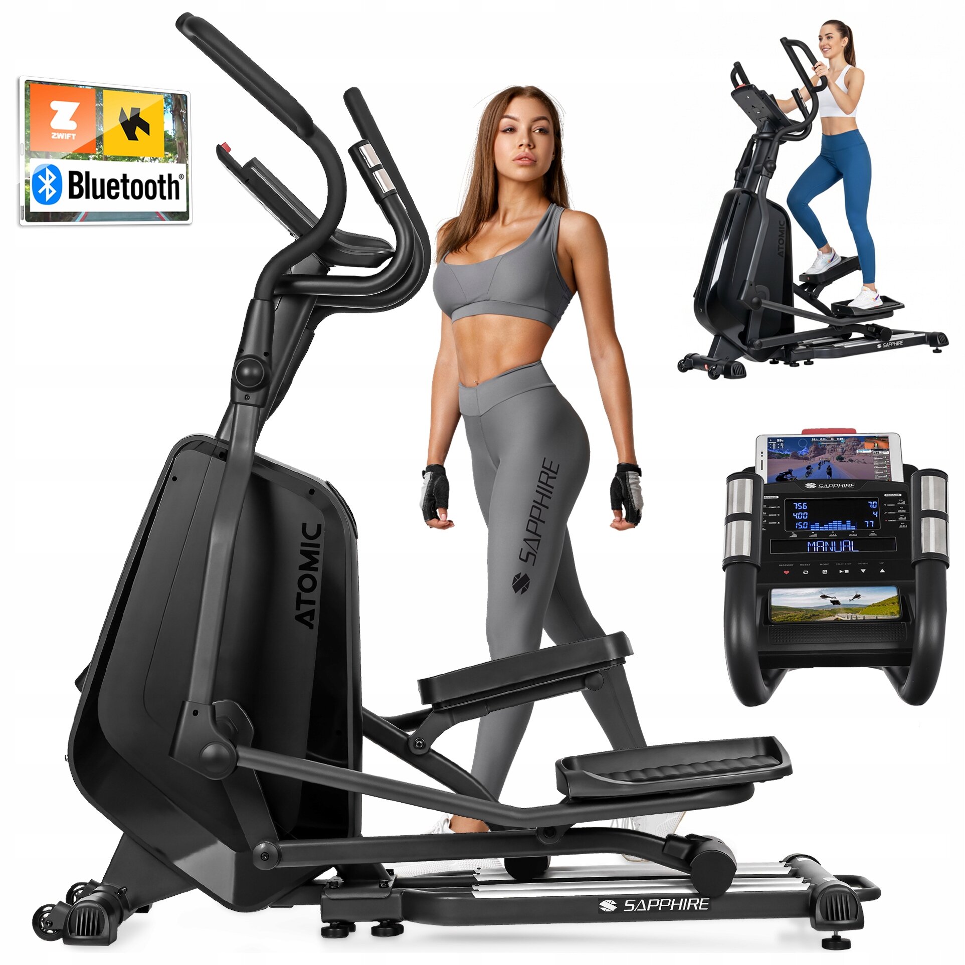 Na obrazie znajduje się czarny orbitrek treningowy z napisem \'ATOMIC\' oraz \'SAPPHIRE\'. Obok orbitreka widoczna jest kobieta w stroju sportowym, a w lewym górnym rogu znajduje się logo \'Bluetooth\' oraz inne symbole.