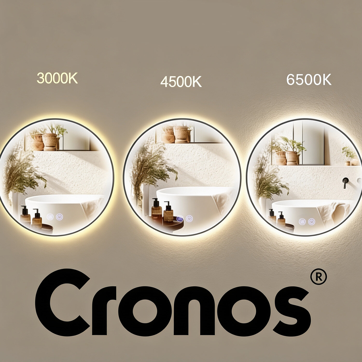 Obraz przedstawia trzy okrągłe lustra z różnym oświetleniem: 3000K, 4500K i 6500K. Na dole widoczne jest logo \'Cronos\'.