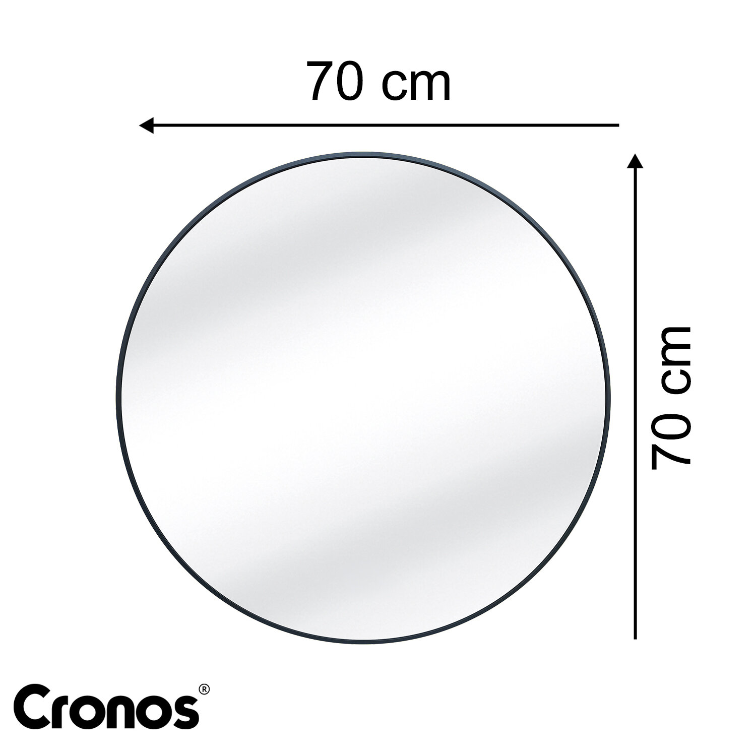 Okrągłe lustro o średnicy 70 cm z czarną ramą, z logo \'Cronos\' w lewym dolnym rogu. Obok lustra widoczne są strzałki z wymiarami 70 cm.