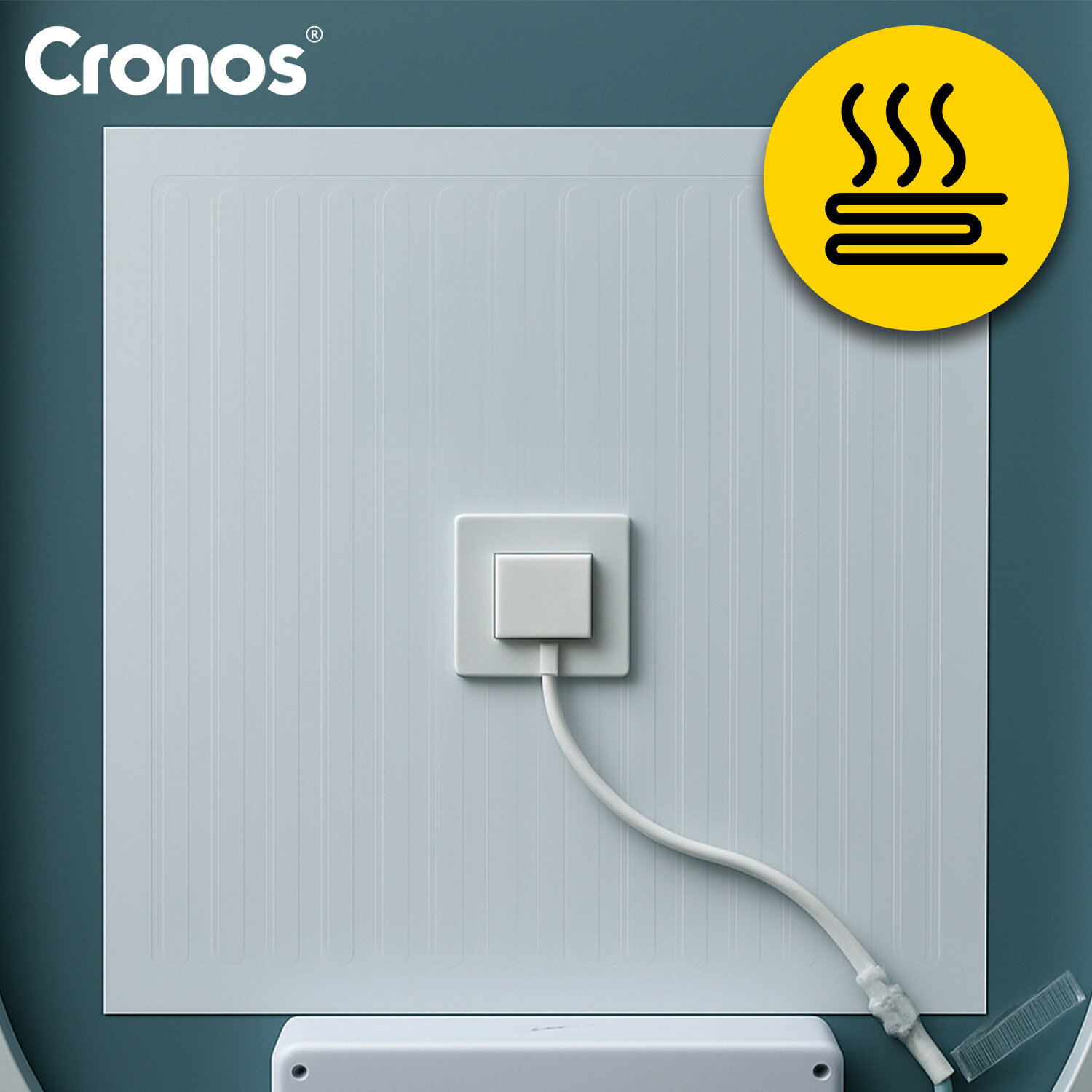Na obrazie widoczny jest biały panel z podłączonym kablem, na tle niebieskiej ściany. W lewym górnym rogu znajduje się logo \'Cronos\', a w prawym górnym rogu żółta ikona z symbolem grzania.