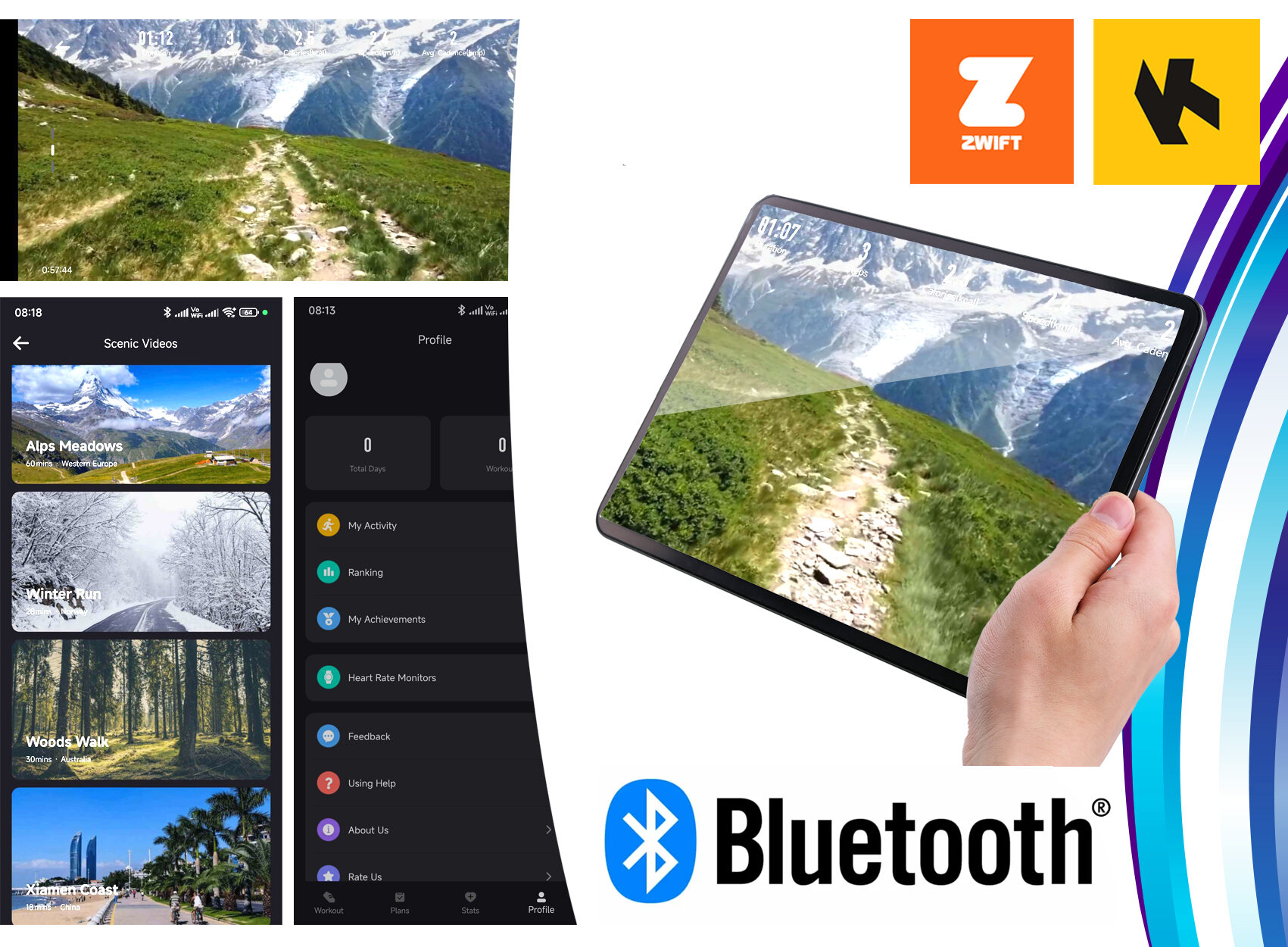 Obraz przedstawia ekran tabletu z widokiem górskim oraz interfejs aplikacji z opcjami \'Scenic Videos\' i \'Profile\'. Widoczne są loga \'Zwift\', \'Bluetooth\' oraz inny symbol w żółtym tle.
