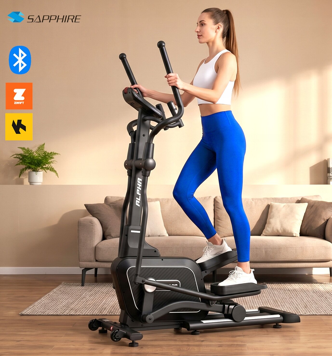 Osoba ćwiczy na czarnym orbitreku z napisem \'ALPHA\' w salonie. W tle widoczna jest sofa, a na ścianie logo \'SAPPHIRE\' oraz ikony aplikacji.