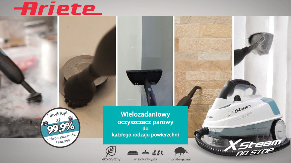 Obraz przedstawia parownicę z logo \'Ariete\' oraz napisami \'Wielozadaniowy oczyszczacz parowy do każdego rodzaju powierzchni\' i \'Likwiduje aż 99,9% mikroorganizmów i bakterii\'. Widać różne zastosowania urządzenia oraz ikony: ekologiczny, wielofunkcyjny, hipoalergiczny.