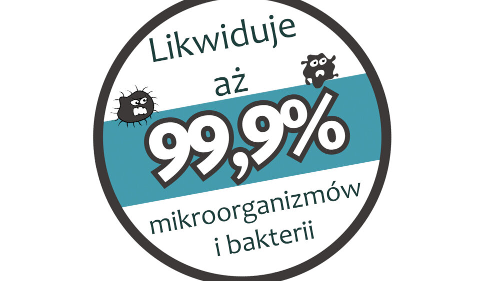 Okrągła grafika z tekstem: \'Likwiduje aż 99,9% mikroorganizmów i bakterii\'. W tle znajdują się dwie ilustracje mikroorganizmów.