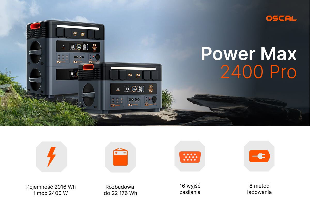 Stacja zasilania OSCAL PowerMax 2400 Pro 2016Wh, awaria, zasilanie, bezpieczeństwo, dom, Dwie stacje PowerMax 2400 Pro na skale, poniżej cztery ikony symbolizujące najważniejsze cechy, jak pojemność, moc, opcja rozbudowy, 16 wyjść zasilania i 8 metod ładowania.