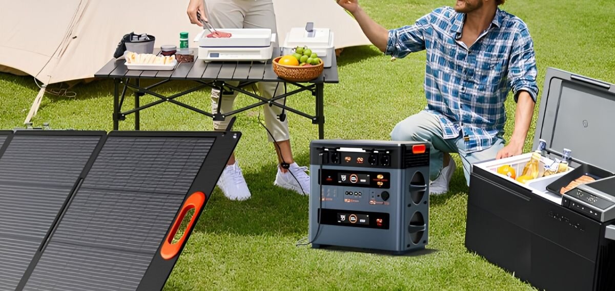 Dodatkowa bateria OSCAL BP2400 Pro do Power Max 2400 Pro, LiFePO4, trwałość, bezpieczeństwo, stabilność, Battery Pack BP2400Pro na drewnianym stoliku, z szarą obudową i czarnym panelem przednim. 