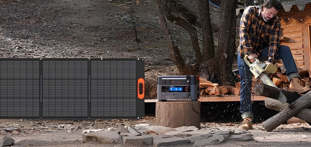 Dodatkowa bateria OSCAL BP2400 Pro do Power Max 2400 Pro, ładowanie, stacja, źródła, energia, Battery Pack BP2400Pro z szarą obudową między dwoma czarnymi panelami solarnymi.