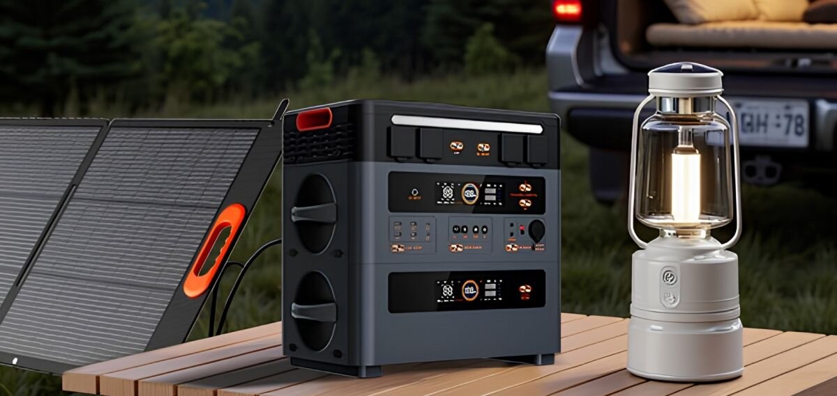 Dodatkowa bateria OSCAL BP2400 Pro do Power Max 2400 Pro, bezprzewodowo, instalacja, porządek, wygoda,, Battery Pack BP2400Pro przy palenisku, z szarą obudową i osobami siedzącymi w tle.