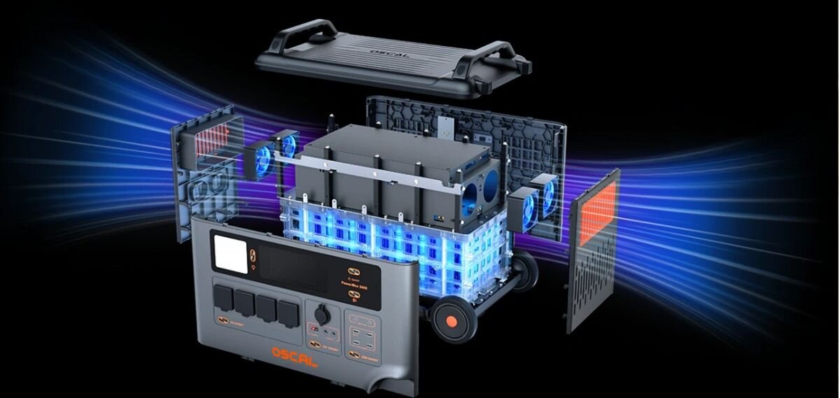 Stacja zasilania OSCAL PowerMax 3600 SE 3600Wh, obudowa, odporność, pył, upadek, PowerMax 3600SE z otwartą obudową, ogniwami i niebieskimi smugami po bokach.