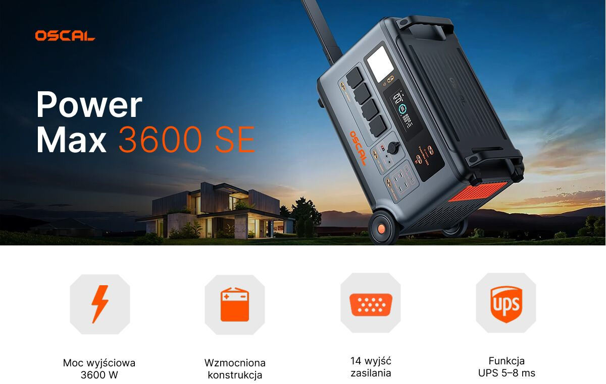 Stacja zasilania OSCAL PowerMax 3600 SE 3600Wh, zasilanie, awaryjne, energia, wygoda, PowerMax 3600SE przechylony jak do transportu na kółkach transportowych, w tle dom o zmierzchu, poniżej cztery ikony symbolizujące cechy, jak moc wyjściowa, wzmocniona konstrukcja, 14 wyjść zasilania i funkcja UPS.
