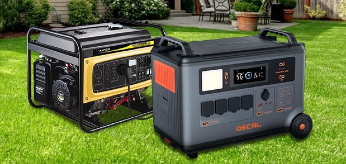 Stacja zasilania OSCAL PowerMax 3600 SE 3600Wh, UPS, awaria, przełączanie, ochrona, PowerMax 3600SE na trawie obok czarno-żółtej stacji zasilania.