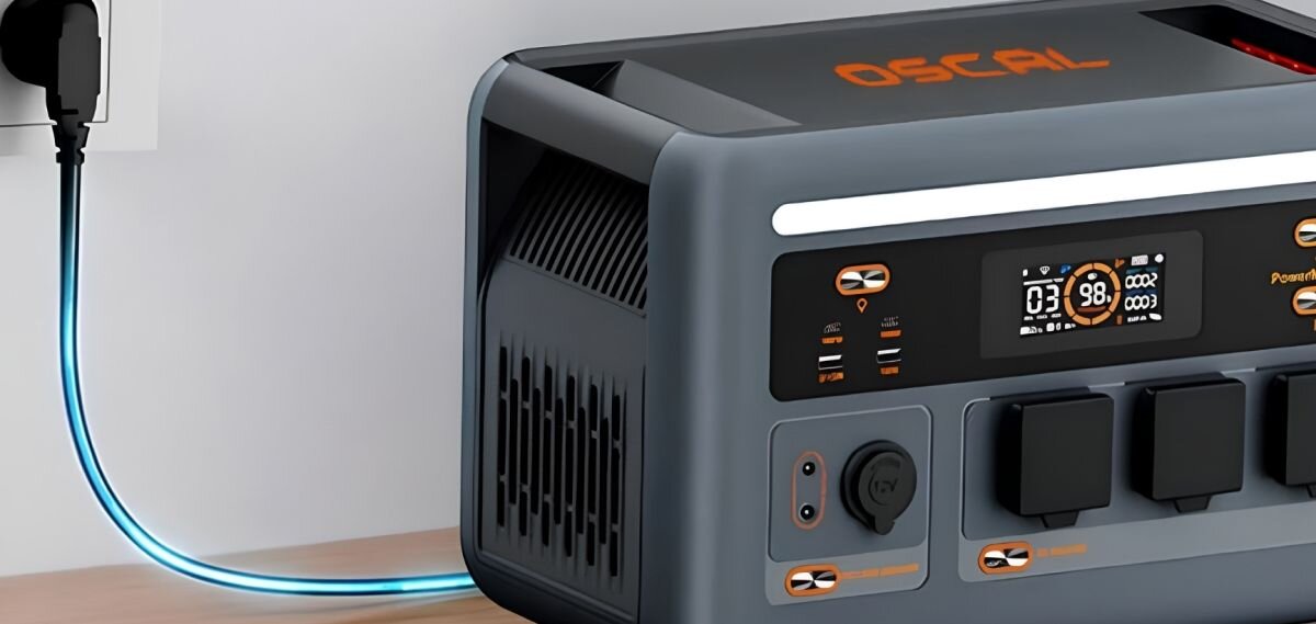 Stacja zasilania OSCAL PowerMax 3600 SE 3600Wh, ładowanie, energia, szybkość, elastyczność, PowerMax 3600SE przy samochodzie, połączony czarnym przewodem z portem ładowania.