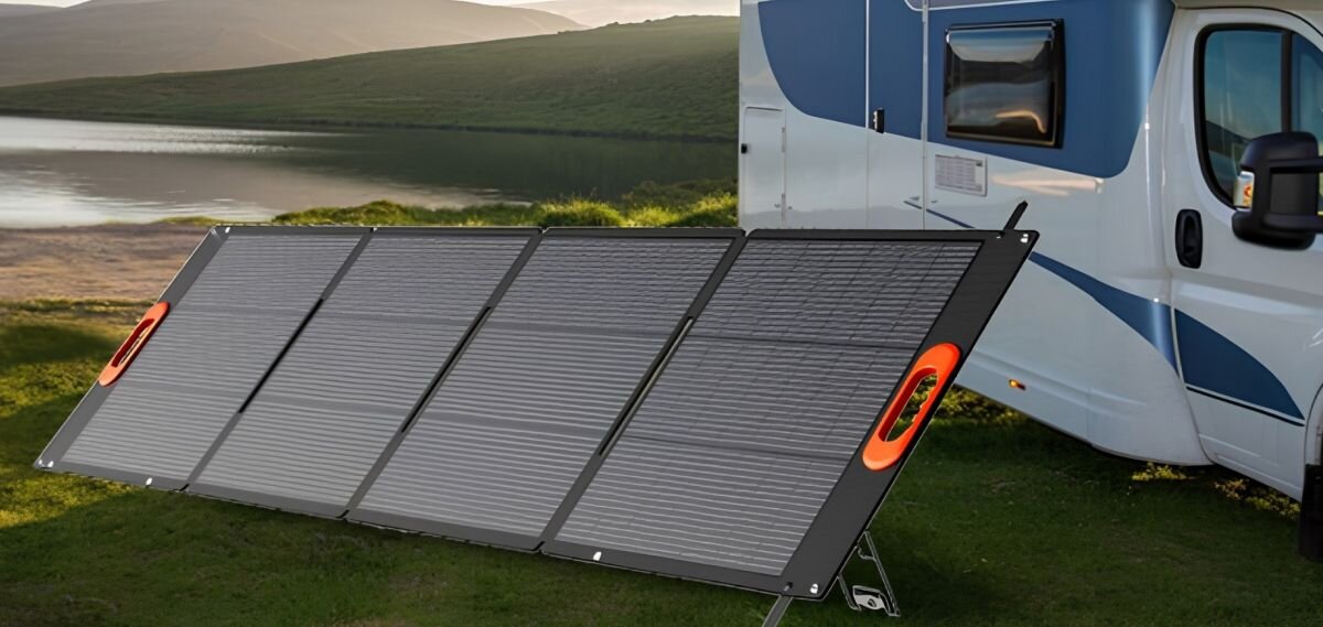 Panel fotowoltaiczny OSCAL PM200 Plus 200W, panel, kamper, trawa, uchwyty, Oscal PM200 Plus rozłożony obok kampera na trawie, z pomarańczowymi uchwytami na bokach.