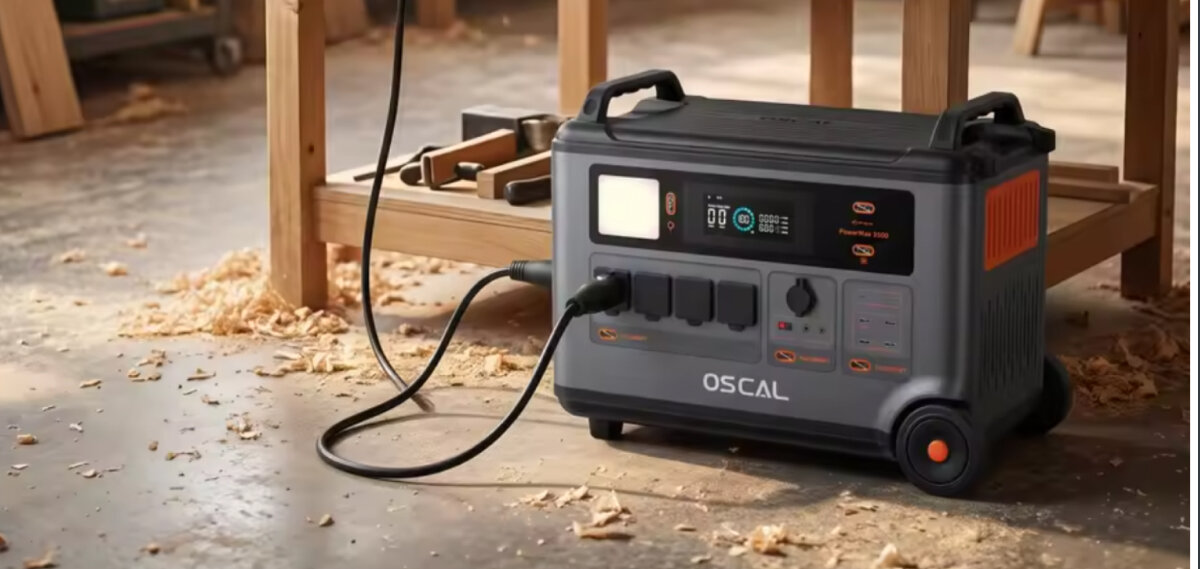 Dodatkowa bateria OSCAL BP3600 do PowerMax 3600 SE, Urządzenie, podłoga, wióry, kabel,, Oscal BP3600 na podłodze z wiórami, podłączony czarnym przewodem.
