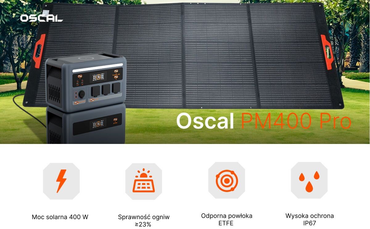 Panel fotowoltaiczny OSCAL PM400 Pro 400W, panel, słońce, moc, ikony, Oscal PM400 Pro ze stacją zasilania na trawie, poniżej cztery ikony symbolizujące najważniejsze cechy, jak moc solarna 400 W, sprawność ogniw, odporna powłoka ETFE i ochrona IP67.